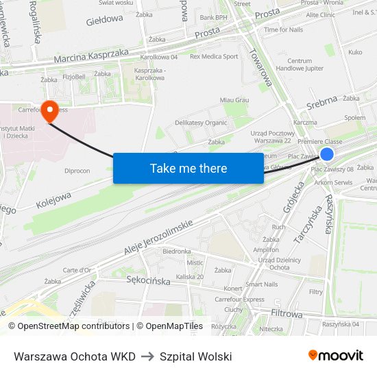 Warszawa Ochota WKD to Szpital Wolski map