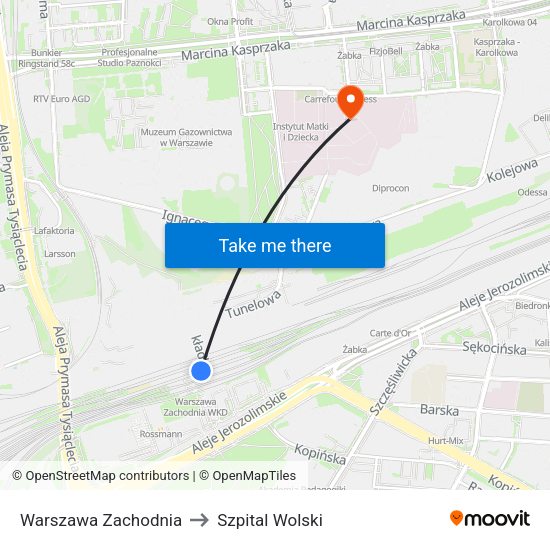 Warszawa Zachodnia to Szpital Wolski map