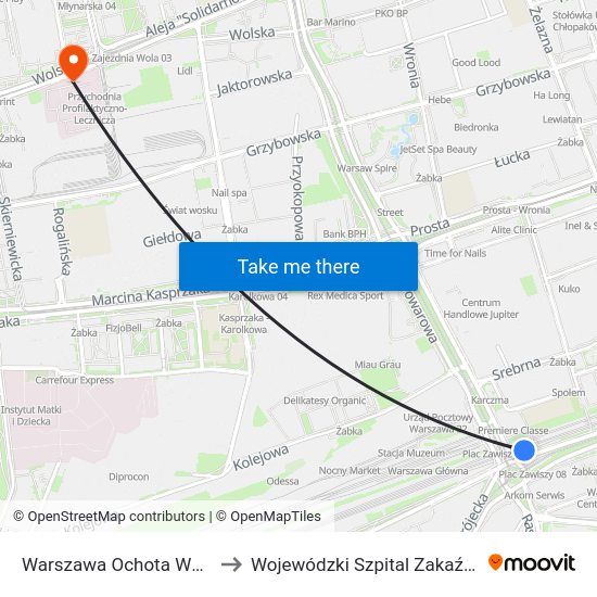 Warszawa Ochota WKD to Wojewódzki Szpital Zakaźny map