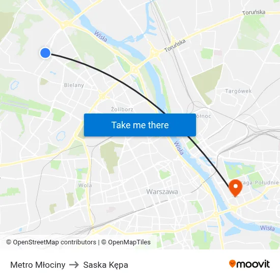 Metro Młociny to Saska Kępa map