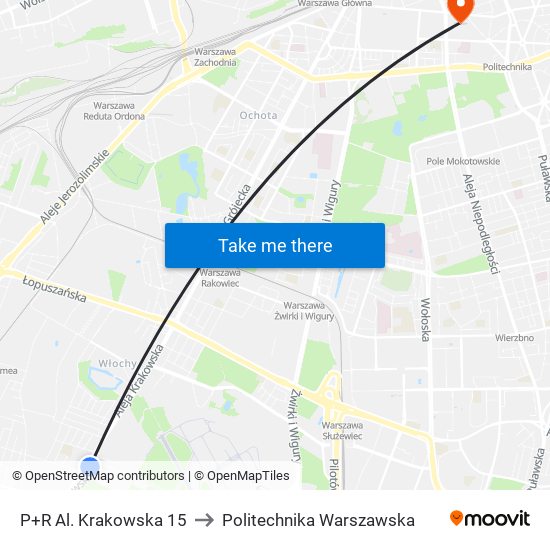 P+R Al. Krakowska to Politechnika Warszawska map