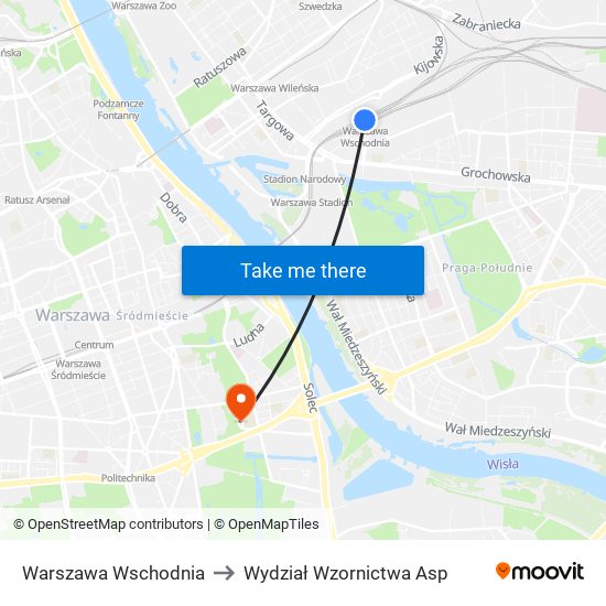 Warszawa Wschodnia to Wydział Wzornictwa Asp map