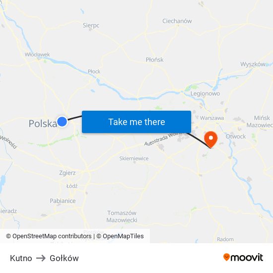 Kutno to Gołków map