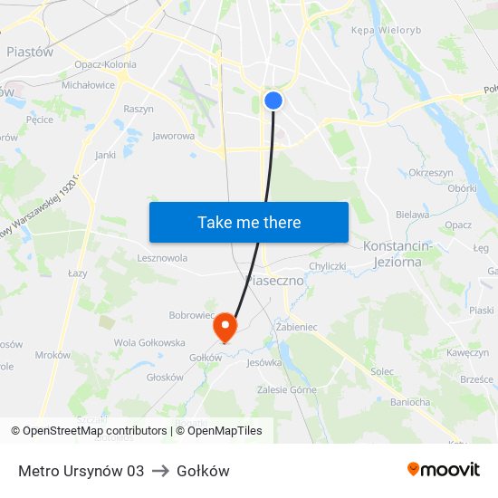 Metro Ursynów to Gołków map