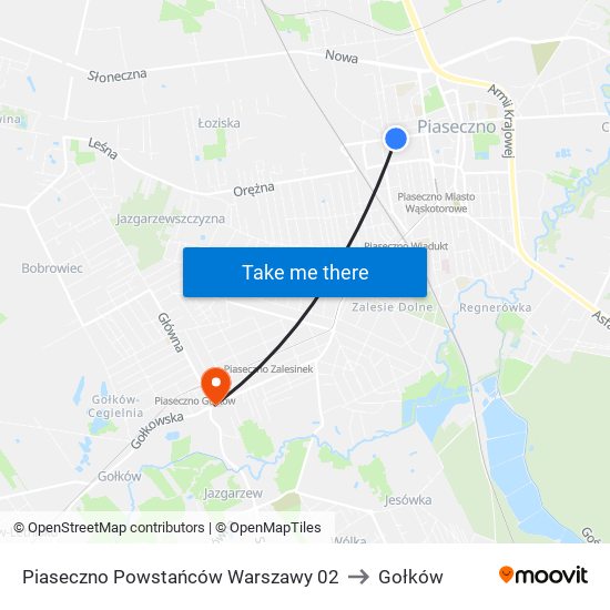 Piaseczno Powstańców Warszawy to Gołków map