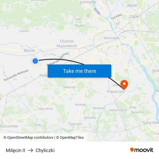 Milęcin II to Chyliczki map