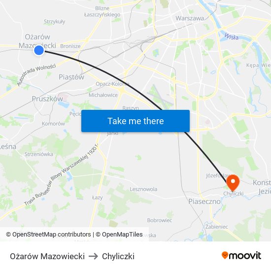 Ożarów Mazowiecki to Chyliczki map