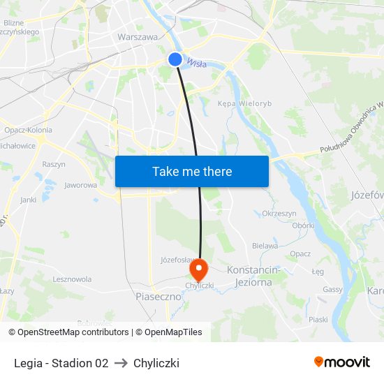 Legia - Stadion 02 to Chyliczki map