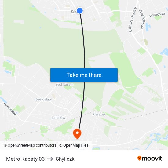 Metro Kabaty 03 to Chyliczki map