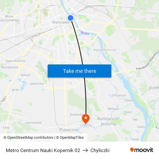 Metro Centrum Nauki Kopernik to Chyliczki map