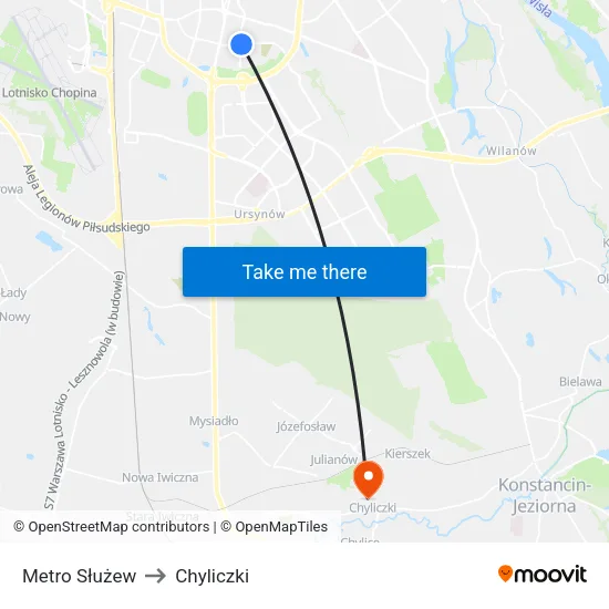 Metro Służew to Chyliczki map