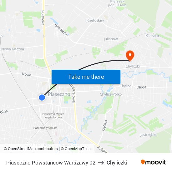 Piaseczno Powstańców Warszawy to Chyliczki map