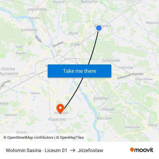 Wołomin Sasina-Liceum to Józefosław map