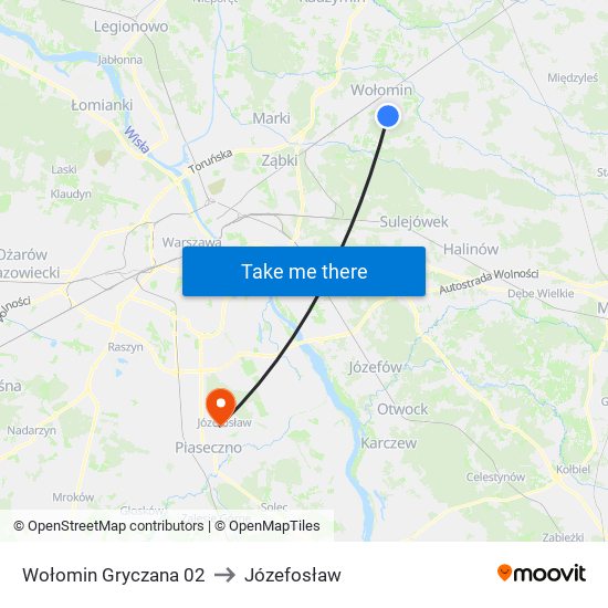 Wołomin Gryczana to Józefosław map