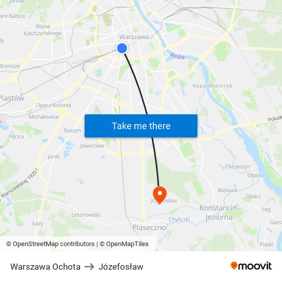 Warszawa Ochota to Józefosław map