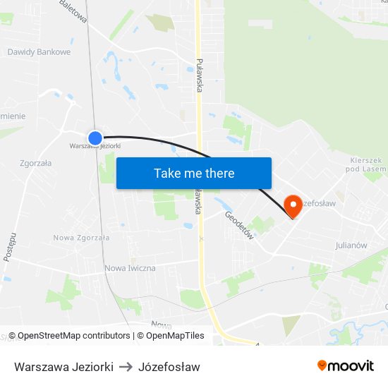 Warszawa Jeziorki to Józefosław map