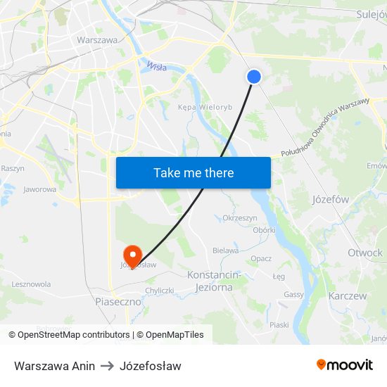 Warszawa Anin to Józefosław map