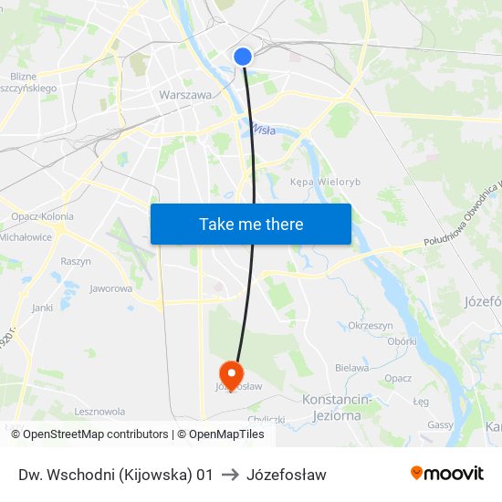 Dw. Wschodni (Kijowska) to Józefosław map