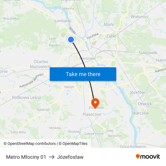 Metro Młociny to Józefosław map