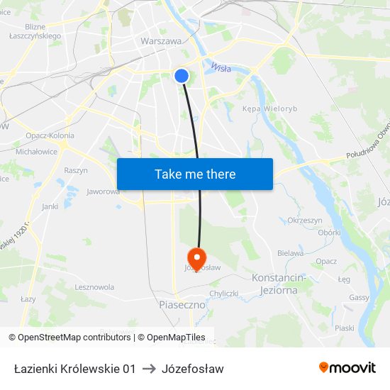 Łazienki Królewskie to Józefosław map