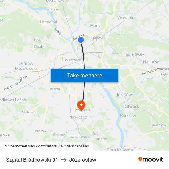 Szpital Bródnowski to Józefosław map