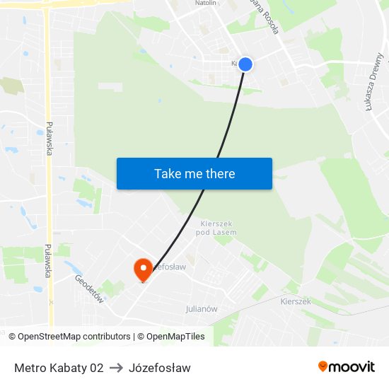 Metro Kabaty to Józefosław map