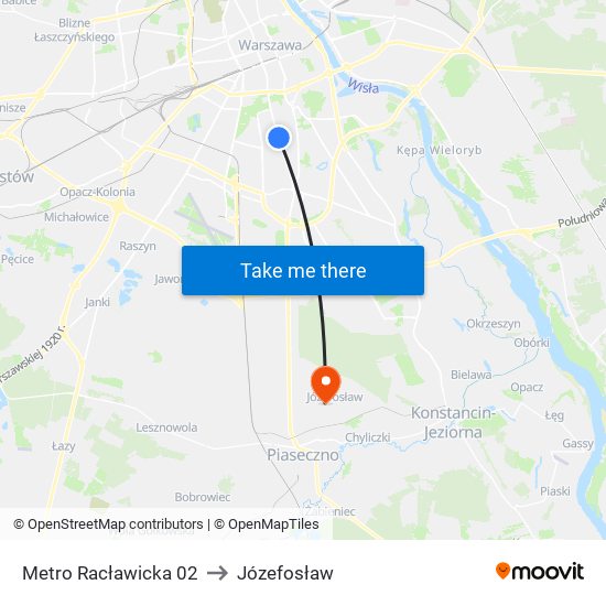 Metro Racławicka to Józefosław map