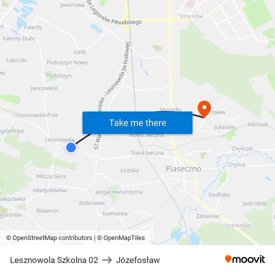 Lesznowola Szkolna to Józefosław map