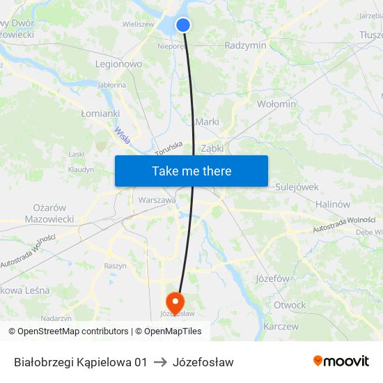 Białobrzegi Kąpielowa to Józefosław map