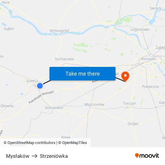 Mysłaków to Strzeniówka map