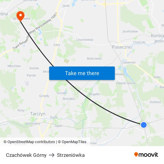 Czachówek Górny to Strzeniówka map