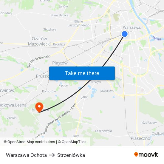 Warszawa Ochota to Strzeniówka map