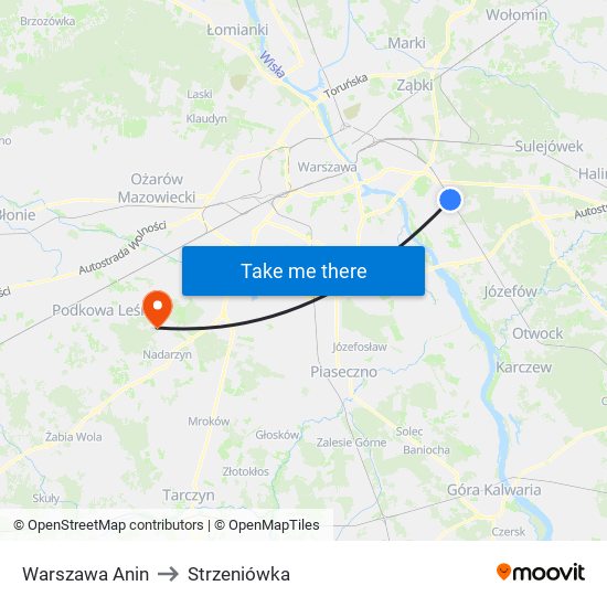 Warszawa Anin to Strzeniówka map