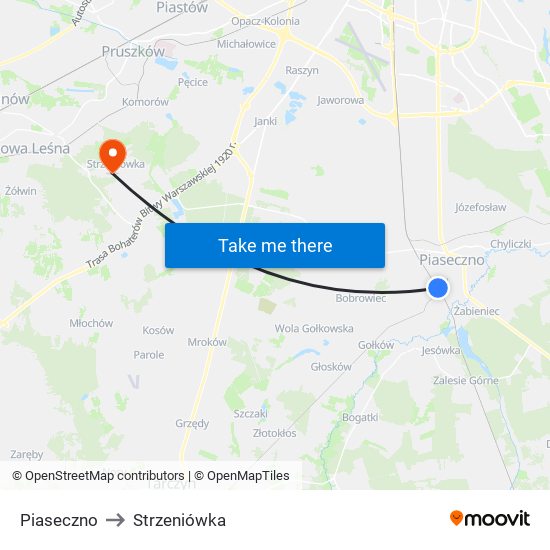 Piaseczno to Strzeniówka map