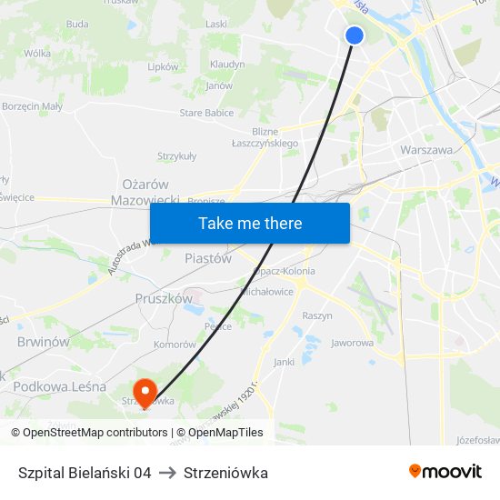 Szpital Bielański to Strzeniówka map