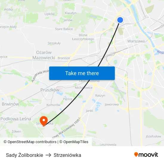 Sady Żoliborskie to Strzeniówka map