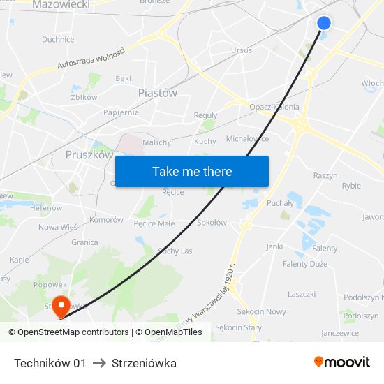 Techników to Strzeniówka map