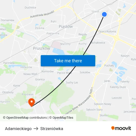 Adamieckiego to Strzeniówka map