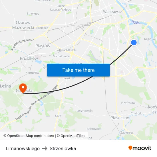 Limanowskiego to Strzeniówka map