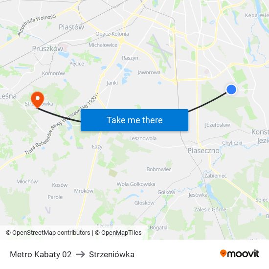 Metro Kabaty to Strzeniówka map