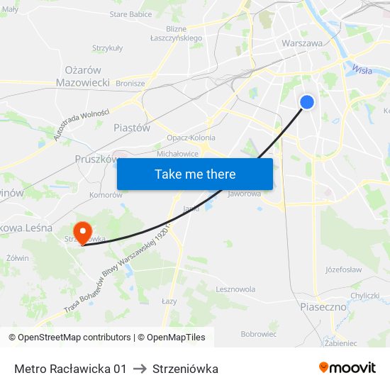 Metro Racławicka to Strzeniówka map