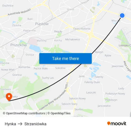 Hynka to Strzeniówka map