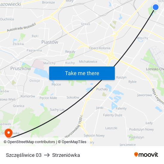 Szczęśliwice to Strzeniówka map