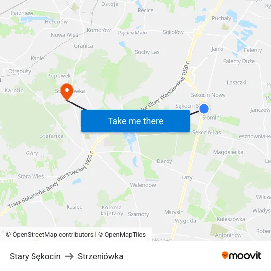 Stary Sękocin to Strzeniówka map