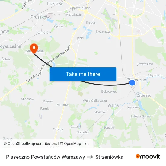 Piaseczno Powstańców Warszawy to Strzeniówka map