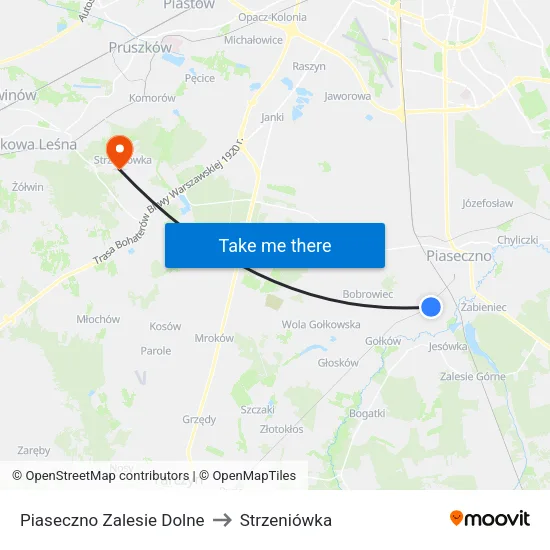 Piaseczno Zalesie Dolne to Strzeniówka map