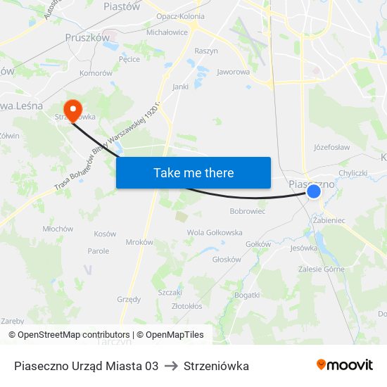 Piaseczno Urząd Miasta to Strzeniówka map