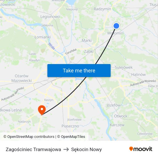 Zagościniec Tramwajowa to Sękocin Nowy map