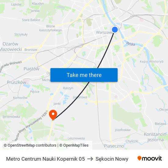 Metro Centrum Nauki Kopernik to Sękocin Nowy map