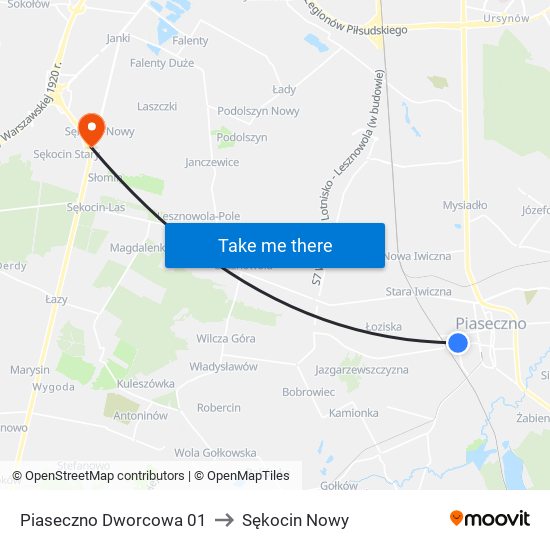 Piaseczno Dworcowa 01 to Sękocin Nowy map